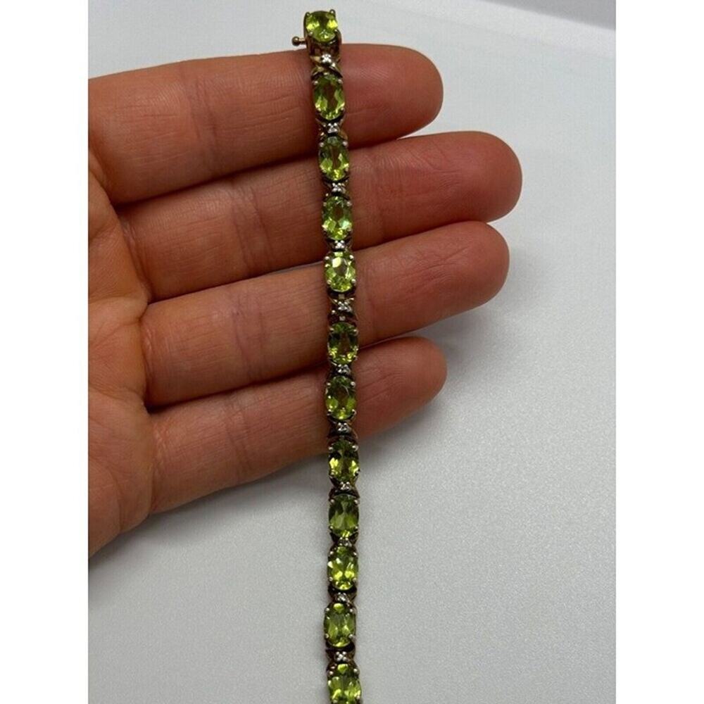 925 Sterling Silver Gold Plated Peridot & Diamonds Bracelet 7.5 in